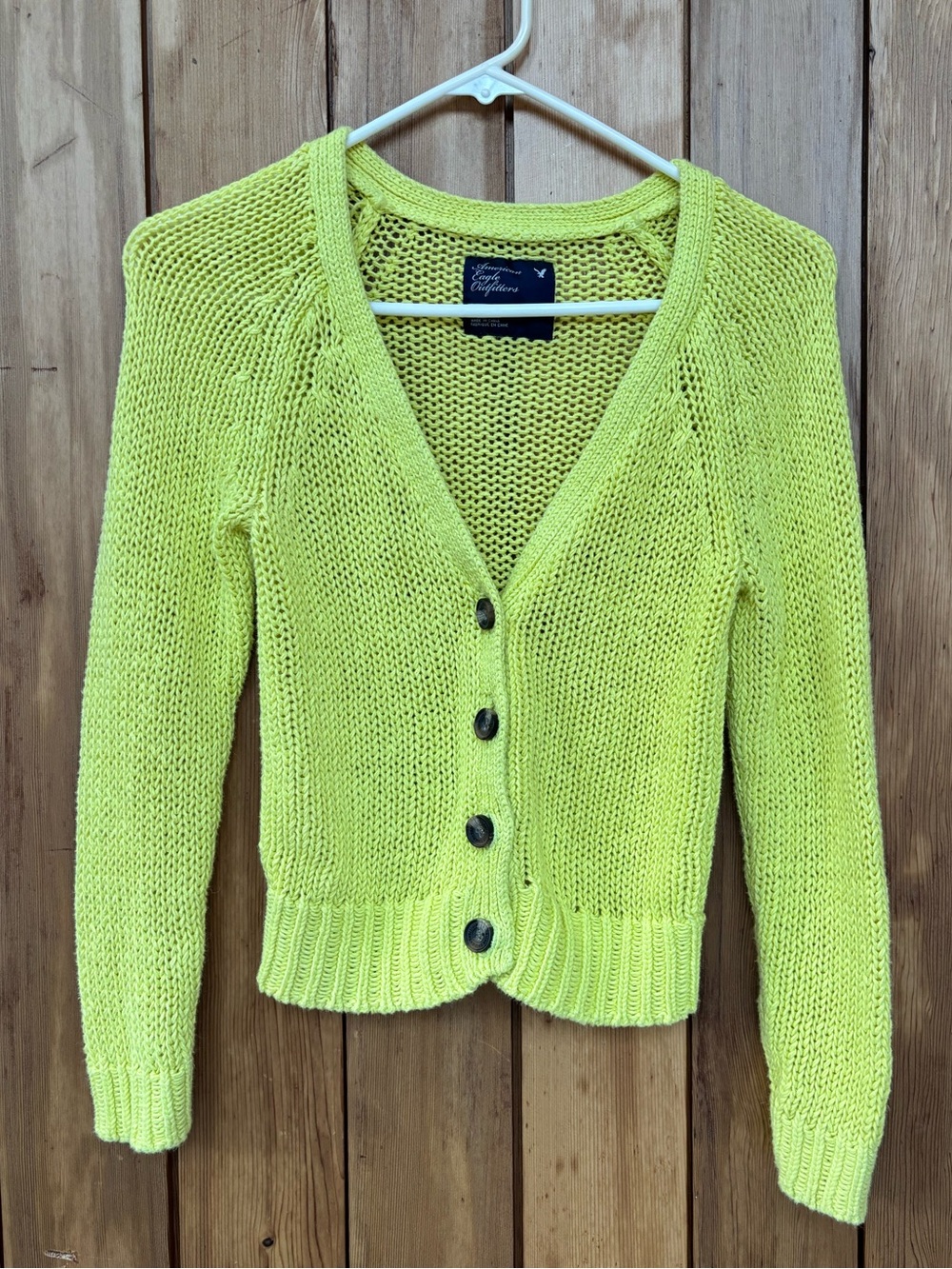 AE Neon Yellow Green Open-Knit Cropped V-Neck Cardigan Size Medium
